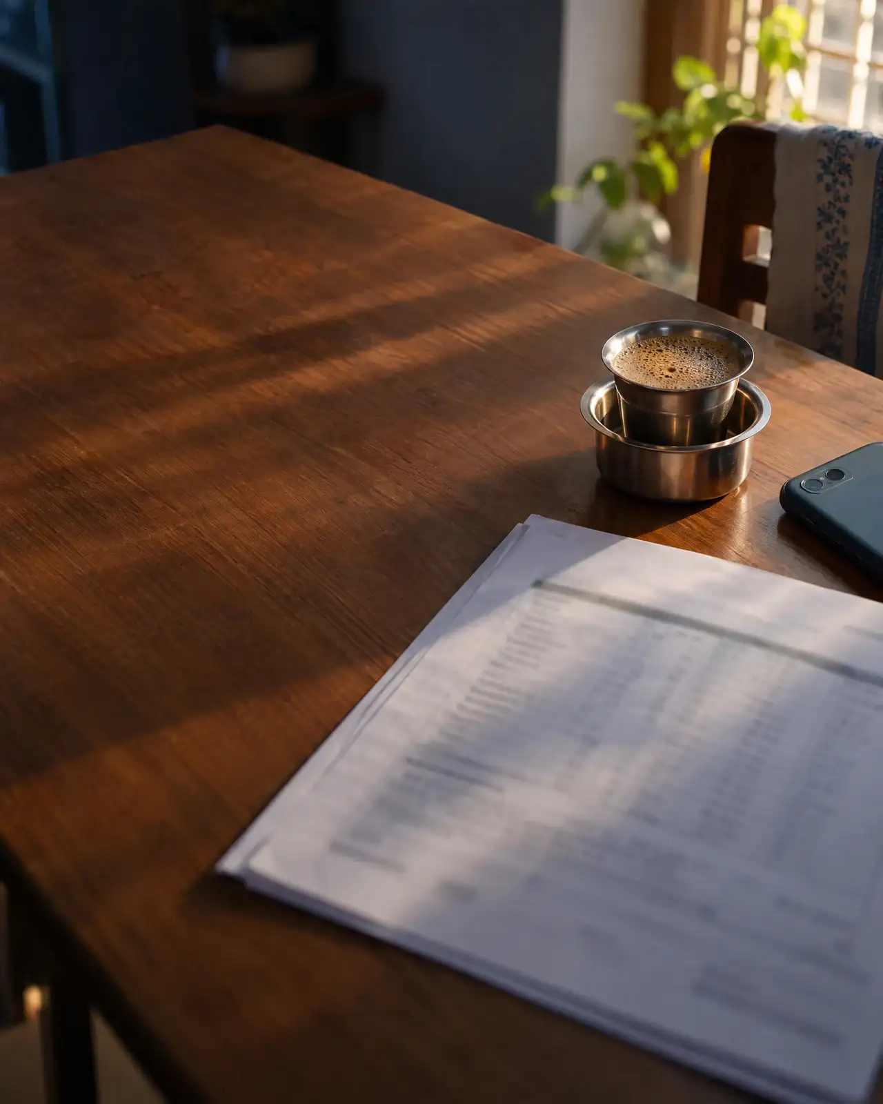 A printed checkup report on a dining table in morning light, beside a tumbler of filter coffee.